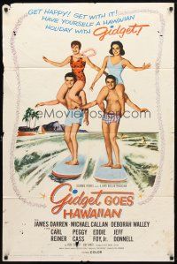 8p303 GIDGET GOES HAWAIIAN 1sh '61 best image of two guys surfing with girls on their shoulders!
