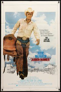 8p407 JUNIOR BONNER 1sh '72 full-length rodeo cowboy Steve McQueen carrying saddle!