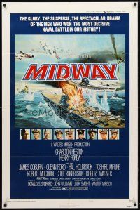 8p483 MIDWAY style B 1sh '76 Charlton Heston, Henry Fonda, dramatic naval battle art!