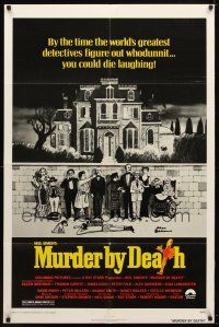 8p519 MURDER BY DEATH 1sh '76 great Charles Addams artwork of cast by dead body & spooky house!
