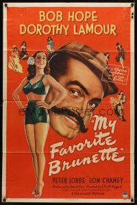 8p525 MY FAVORITE BRUNETTE style A 1sh '47 Bob Hope & full-length sexy Dorothy Lamour in swimsuit!