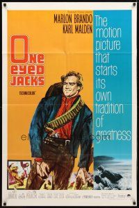 8p588 ONE EYED JACKS 1sh R66 great artwork of star & director Marlon Brando with gun & bandolier!