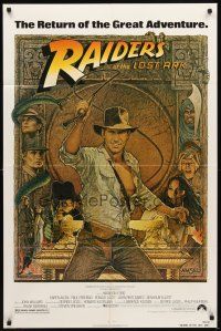 8p657 RAIDERS OF THE LOST ARK 1sh R82 great art of adventurer Harrison Ford by Richard Amsel!