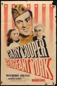 8p705 SERGEANT YORK 1sh '41 great headshot artwork of Gary Cooper in uniform, Howard Hawks