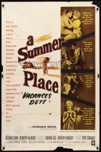 8p791 SUMMER PLACE 1sh '59 Sandra Dee & Troy Donahue in young lovers classic, cool cast montage!