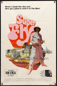 8p794 SUPER FLY 1sh '72 great artwork of Ron O'Neal with car & girl sticking it to The Man!