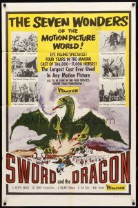 8p803 SWORD & THE DRAGON 1sh '60 cool fantasy art of three-headed winged monster attacking!