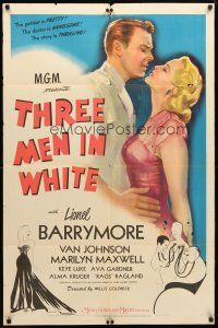 8p843 THREE MEN IN WHITE 1sh '44 Barrymore, Van Johnson, sexy Ava Gardner, Hirschfeld art!