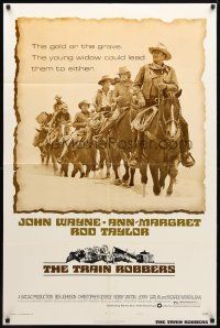 8p875 TRAIN ROBBERS style B 1sh '73 cowboy John Wayne & Ann-Margret on horseback!
