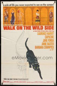 8p930 WALK ON THE WILD SIDE 1sh '62 cool artwork of black cat on stairs & sexy stars on balcony!