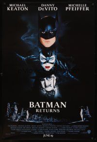 8s072 BATMAN RETURNS advance 1sh '92 cool image of Michael Keaton, Danny DeVito, Michelle Pfeiffer!