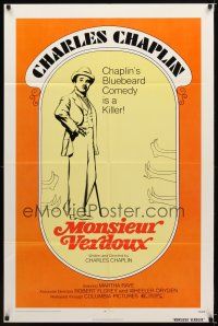 8s525 MONSIEUR VERDOUX 1sh R72 cool art of Charlie Chaplin as gentleman Bluebeard!