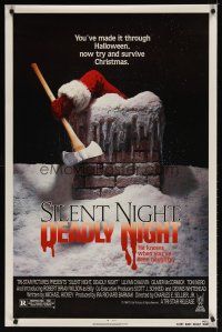 8s678 SILENT NIGHT, DEADLY NIGHT 1sh '84 close up of killer Santa Claus w/axe going down chimney!