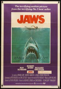 8t355 JAWS Aust 1sh '75 art of Steven Spielberg's classic man-eating shark attacking sexy swimmer!