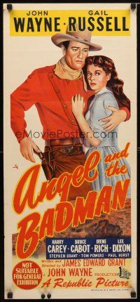 8t379 ANGEL & THE BADMAN Aust daybill '47 stone litho of cowboy John Wayne & sexy Gail Russell!