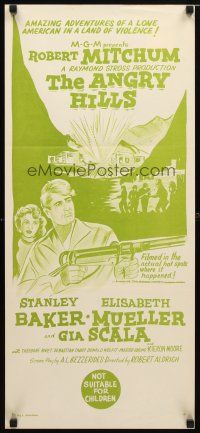 8t380 ANGRY HILLS Aust daybill '59 Robert Aldrich, cool artwork of Robert Mitchum w/big machine gun!