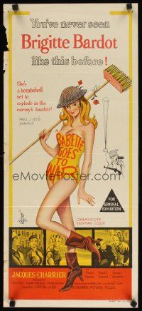 8t392 BABETTE GOES TO WAR Aust daybill '60 great artwork of sexy soldier Brigitte Bardot!