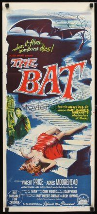 8t403 BAT Aust daybill '59 art of Vincent Price & sexy fallen girl, when it flies, someone dies!