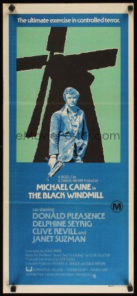 8t423 BLACK WINDMILL Aust daybill '74 image of Michael Caine w/gun, Donald Pleasence, Don Siegel