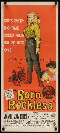 8t434 BORN RECKLESS Aust daybill '59 great full-length art of sexy rodeo cowgirl Mamie Van Doren!