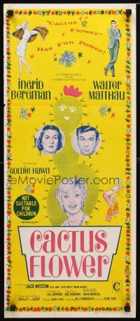 8t441 CACTUS FLOWER Aust daybill '69 art of Matthau, hippie Goldie Hawn & nurse Ingrid Bergman!
