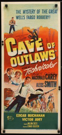 8t452 CAVE OF OUTLAWS Aust daybill '51 Macdonald Carey, sexy Alexis Smith, William Castle western!