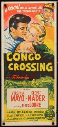 8t465 CONGO CROSSING Aust daybill '56 art of Peter Lorre pointing gun at Virginia Mayo & Nader!