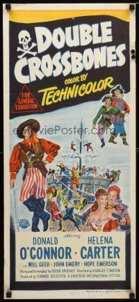 8t488 DOUBLE CROSSBONES Aust daybill '51 artwork of pirate Donald O'Connor by ship!