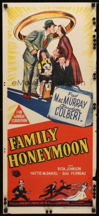 8t512 FAMILY HONEYMOON Aust daybill '48 art of newlyweds Claudette Colbert & Fred MacMurray!