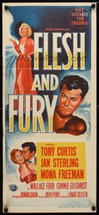 8t526 FLESH & FURY Aust daybill '52 stone litho of boxer Tony Curtis & sexy Jan Sterling!