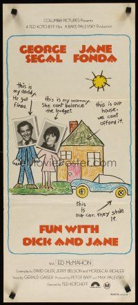 8t537 FUN WITH DICK & JANE Aust daybill '77 George Segal, Jane Fonda, child's drawing poster art!