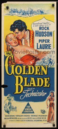 8t553 GOLDEN BLADE Aust daybill '53 Rock Hudson, Piper Laurie's kiss was the prize of victory!