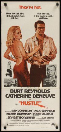 8t586 HUSTLE Aust daybill '75 Robert Aldrich, art of Burt Reynolds & sexy Catherine Deneuve!