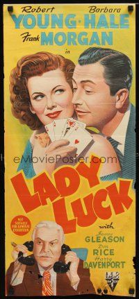 8t622 LADY LUCK Aust daybill '46 great romantic gambling artwork of Robert Young & Barbara Hale!