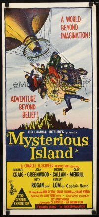 8t696 MYSTERIOUS ISLAND Aust daybill '61 Ray Harryhausen, Jules Verne sci-fi, cool balloon art!