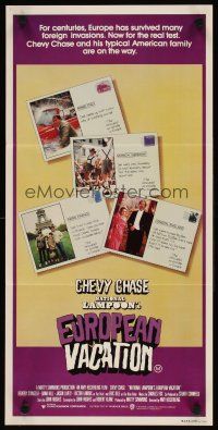 8t698 NATIONAL LAMPOON'S EUROPEAN VACATION Aust daybill '85 Chevy Chase, cool postcard design!