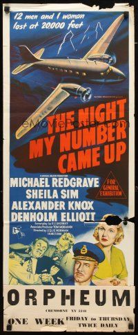 8t706 NIGHT MY NUMBER CAME UP Aust daybill '55 stone litho of pilot Michael Redgrave & airplane!