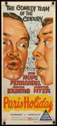 8t732 PARIS HOLIDAY Aust daybill '58 wacky close-up art of comedy team Bob Hope & Fernandel!