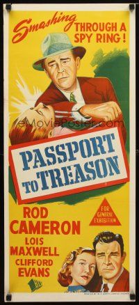 8t734 PASSPORT TO TREASON Aust daybill '56 Rod Cameron, Lois Maxwell, smashing through spy ring!