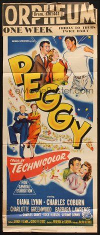 8t737 PEGGY Aust daybill '50 art of young Rock Hudson & Diana Lynn, Rose Bowl Parade!