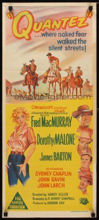 8t754 QUANTEZ Aust daybill '57 artwork of Fred MacMurray & sexy Dorothy Malone with torn shirt!