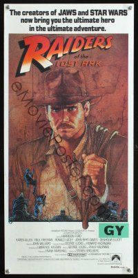 8t756 RAIDERS OF THE LOST ARK Aust daybill '81 great artwork of Harrison Ford by Richard Amsel!