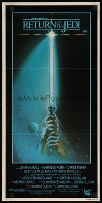 8t767 RETURN OF THE JEDI style A Aust daybill '83 George Lucas, art of hands holding lightsaber!