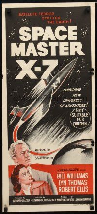 8t826 SPACE MASTER X-7 Aust daybill '58 satellite terror strikes the Earth, cool stone litho!