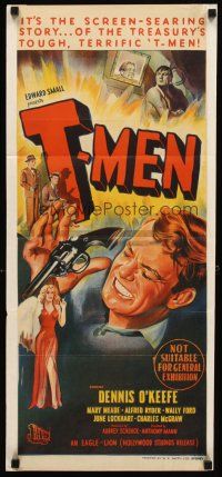 8t889 T-MEN Aust daybill '48 Anthony Mann film noir, cool art of sexy bad girl & man with gun!