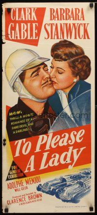 8t891 TO PLEASE A LADY Aust daybill '50 art of race car driver Clark Gable & sexy Barbara Stanwyck