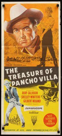 8t902 TREASURE OF PANCHO VILLA Aust daybill '55 art of cowboy Rory Calhoun w/machine gun!