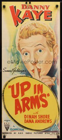 8t916 UP IN ARMS Aust daybill '44 great stone litho artwork of funnyman Danny Kaye!