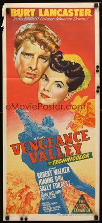 8t924 VENGEANCE VALLEY Aust daybill '51 close-up art of Burt Lancaster & Joanne Dru!