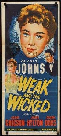 8t951 WEAK & THE WICKED Aust daybill '54 artwork of Glynis Johns & sexiest bad girl Diana Dors!